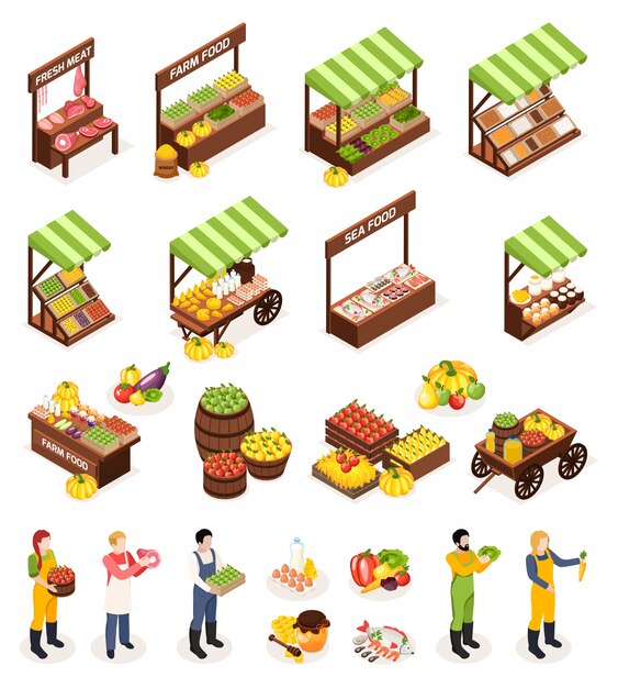 Farmer market isometric icons set of counters boxes casks with fresh meat fruits vegetables dairy and sea produce