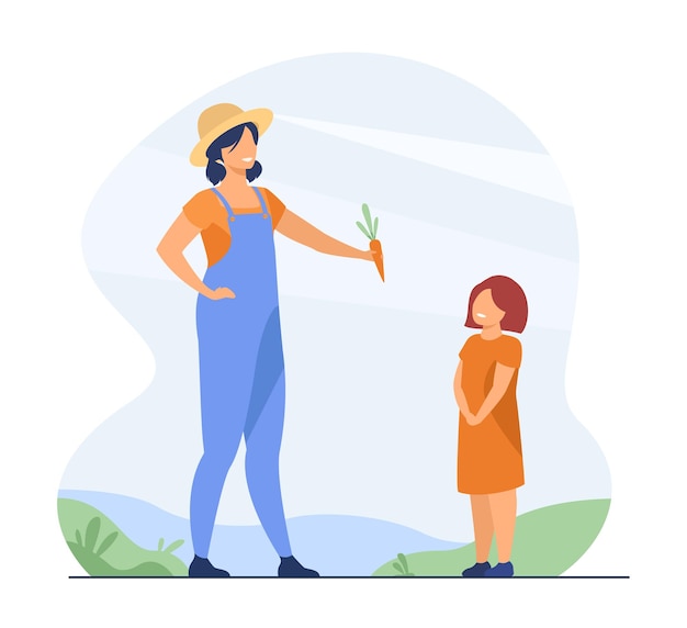 Farmer mom and kid. Mother giving fresh vegetable to child outdoors. Cartoon illustration