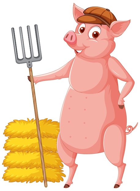 Free vector farmer pig holding rake with haystack