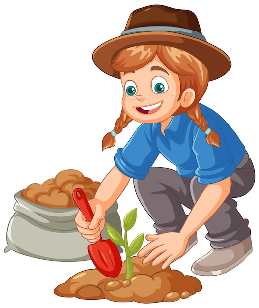Free vector farmer planting small plant on the ground isolated
