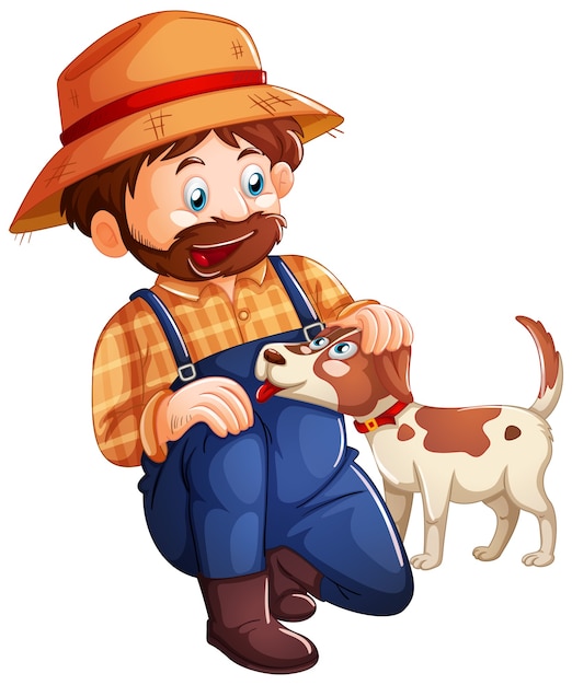 Farmer playing with cute dog on white background