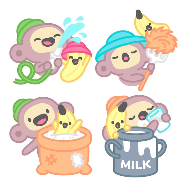 Farmer stickers collection with monkey and banana