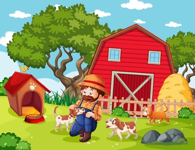 Бесплатное векторное изображение Фермер с животноводческой фермой на ферме в мультяшном стиле