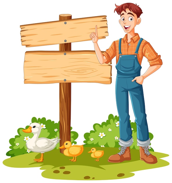 Vettore gratuito un contadino con le anatre da un cartello di legno