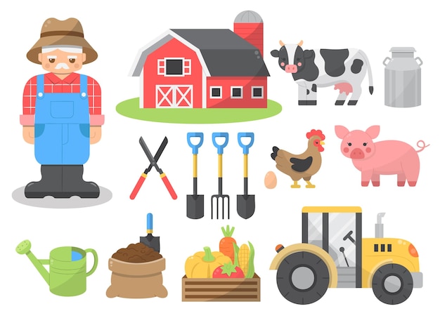 Free vector farmer with professional farm equipment set for graphic designer create artwork banner brochure leaflet websit and other print vector illustration character flat design