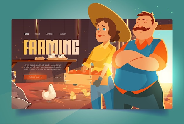 Free vector farmers in barn cartoon landing page, ranchers