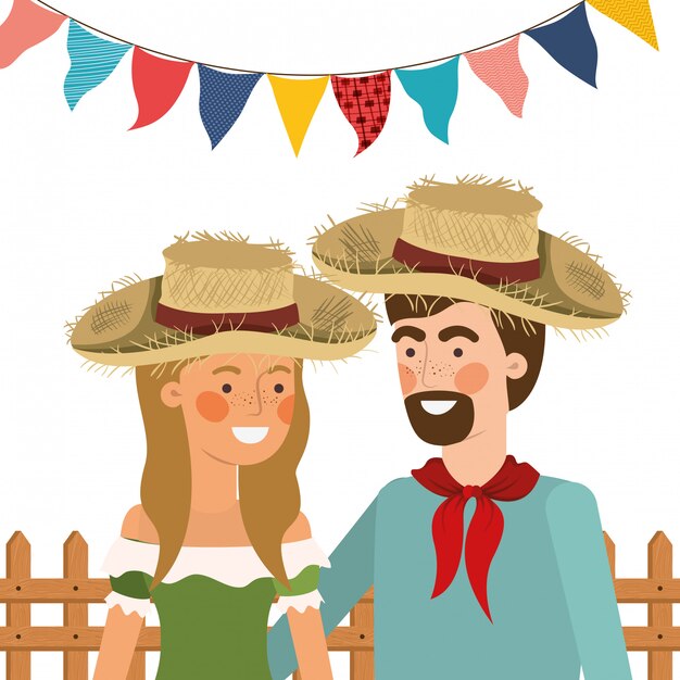 Farmers couple talking with straw hat