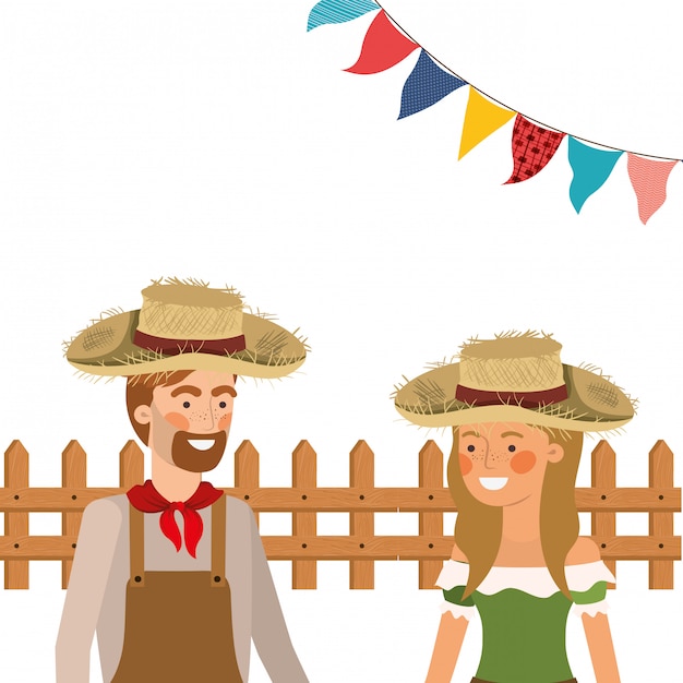 Farmers couple talking with straw hat