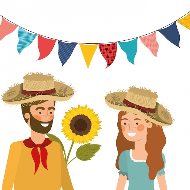 Free vector farmers couple talking with straw hat