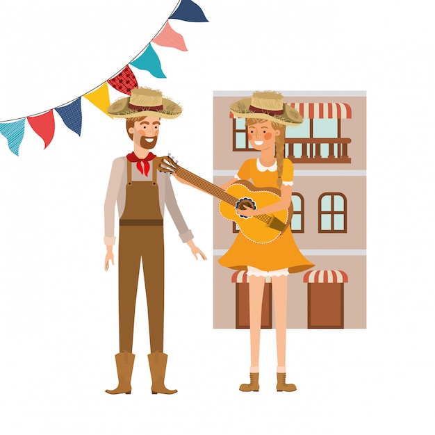 Free vector farmers couple with musical instrument