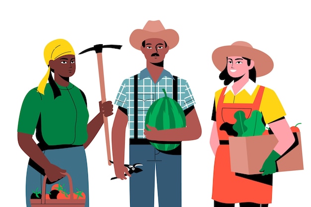 Бесплатное векторное изображение Фермеры, держащие разные продукты