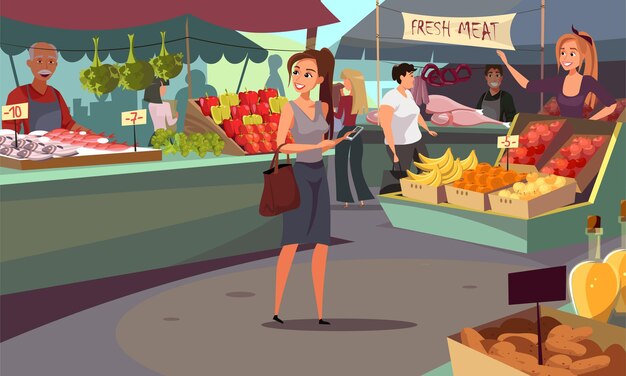 행복한 구매자 및 공급업체가 있는 농민 시장 야외 식료품 쇼핑 유기농 영양 천연 제품 신선한 과일 야채 및 육류 판매 사업