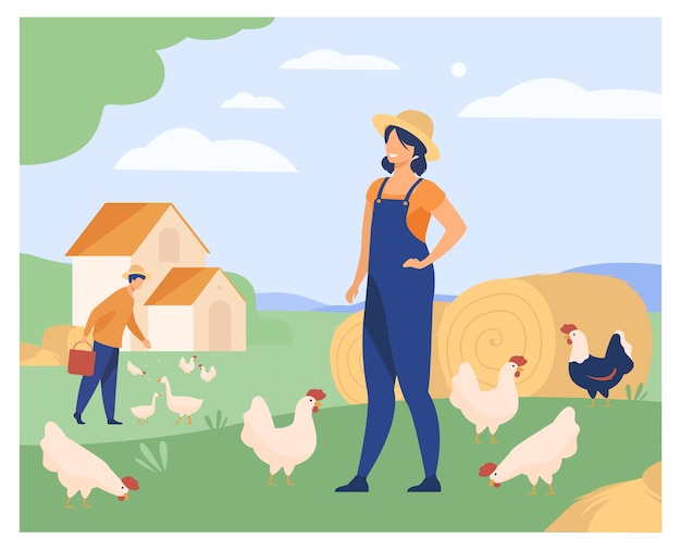 Фермеры, работающие на птицеферме, изолировали плоскую векторную иллюстрацию. Мультфильм женщина и мужчина, разведение домашней птицы. Сельское хозяйство и домашние птицы