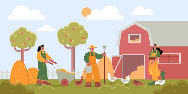 Free vector farmers working on farm with barn agriculture