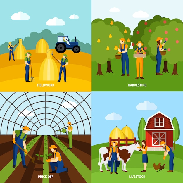 Vettore gratuito farming 4 flat icons square poster