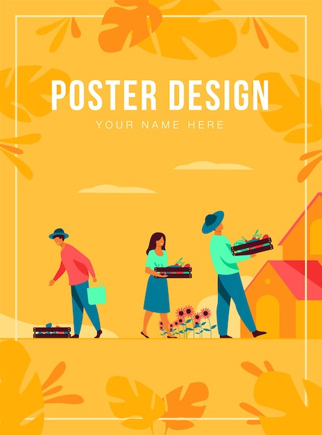 Free vector farming and agriculture concept. farmers picking fruits under tree, carrying crates with vegetables from plantation.  illustration for gardening, autumn, harvest season topics