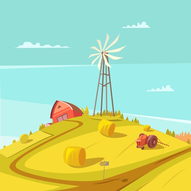 無料ベクター 農業と農業の背景風車トラクターハウスと干し草の山のベクトルイラスト