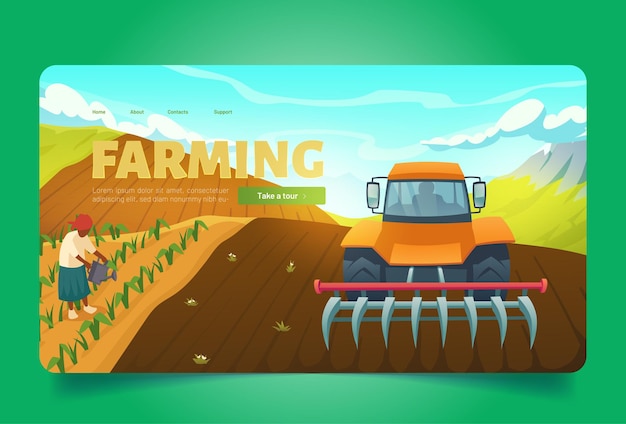 Farming banner with tractor with plow on agriculture field vector landing page of agronomy and farm ...