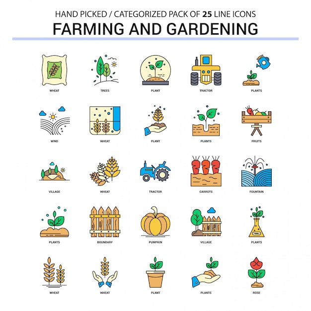 Free vector farming and gardening flat line icon set