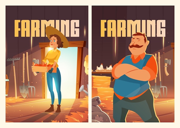 納屋で男性と女性と農業のポスター