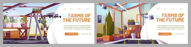 Farms of future websites. Concept of smart farming, cultivation technologies and innovations. Vector banners with cartoon illustration of glass greenhouse with plants, irrigation and monitoring system