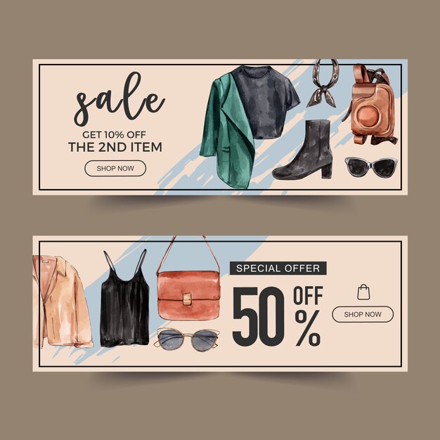 Fashion banner design with shirt, bag, camera case 