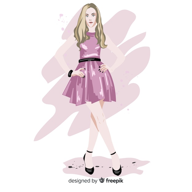 ピンクのドレス、キャラクターイラストファッション金髪女性モデル