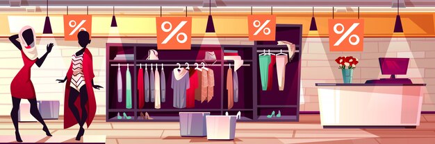 fashion boutique interior illustration of women clothes and dresses sale. 