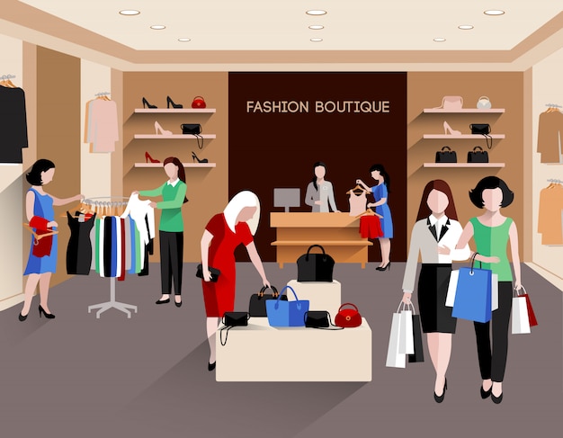 Fashion boutique with young women consumers and fashion clothing flat