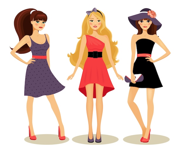 Модные милые девушки в новых весенних платьях векторная иллюстрация
