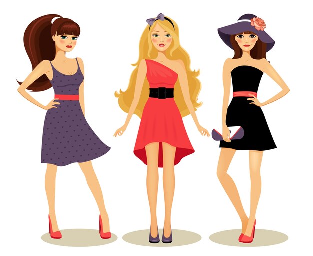 fashion cute girls in new spring dresses vector illustration 