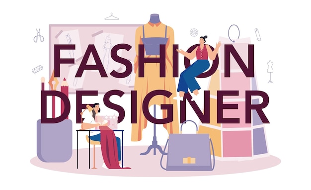 Fashion designer typographic header Professional tailor sewing or fitting clothes Dressmaker working on power sewing machine and taking measurements Vector flat illustration