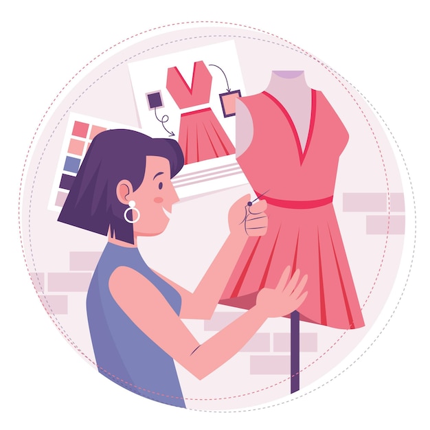 ドレスを縫うファッションデザイナーの女性