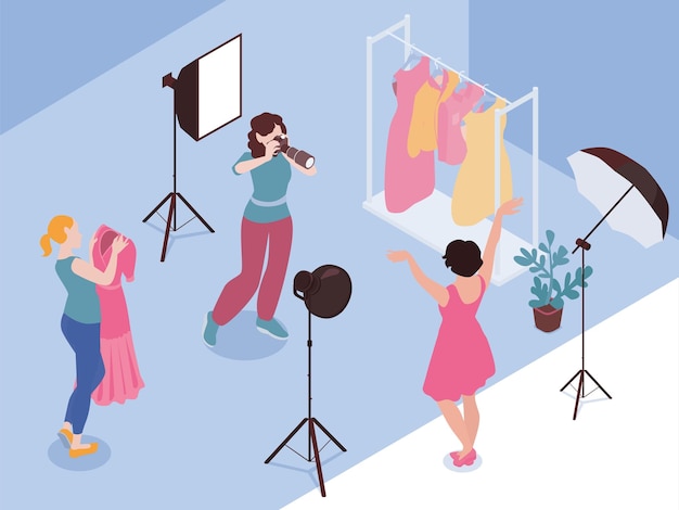 Free vector fashion photo session isometric background with three girls posing dressing up and photographing vector illustration