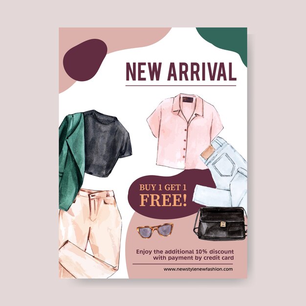 Fashion poster design with outfit, accessories watercolor illustration.