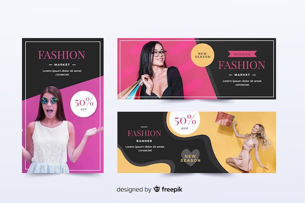 Vettore gratuito collezione di banner di moda vendita con foto