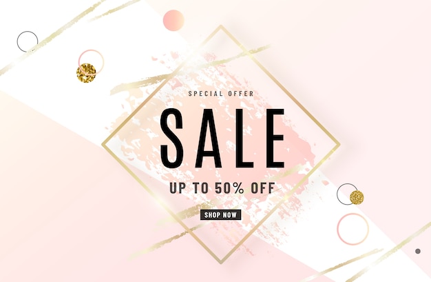 Fashion sale banner design with gold frame, watercolor rose pink brush, special offer text, geometric elements.