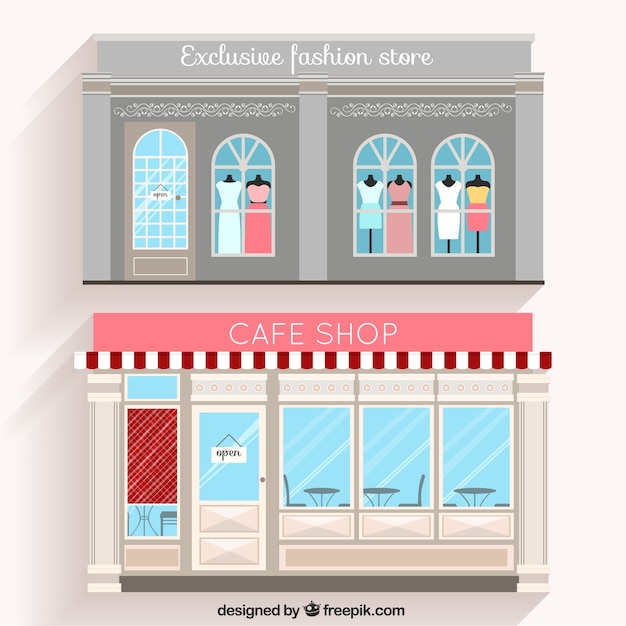 Fashion shop and cafe facades in flat design