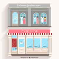 Free vector fashion shop and cafe facades in flat design