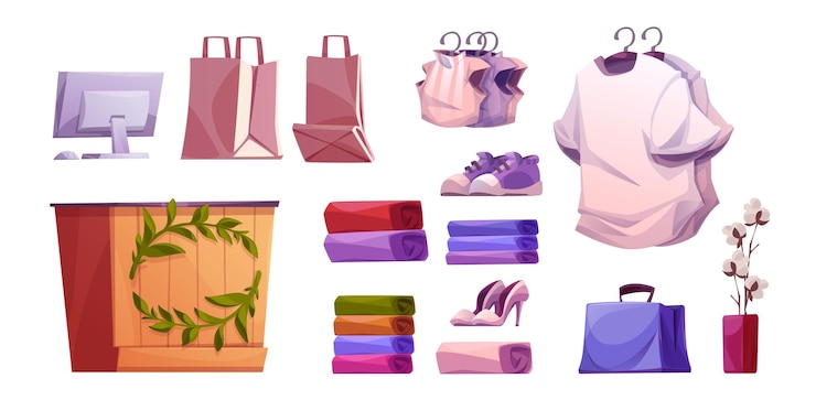 Free Vector fashion shop and cloth boutique interior vector store room design inside clipart isolated on white background commercial clothes showroom illustration with counter bag shoes and shirt to buy