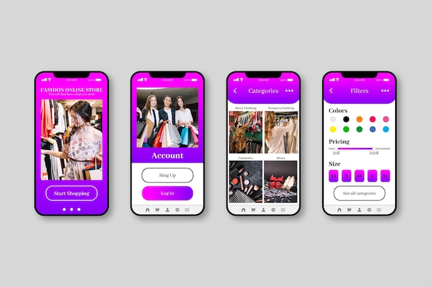 Vettore gratuito interfaccia dell'app per lo shopping di moda