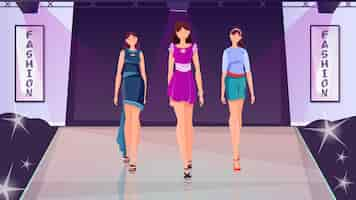 Free vector fashion show flat illustration with three young slender girls in fashionable clothes walking on the catwalk