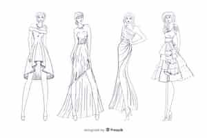 Бесплатное векторное изображение Модная коллекция эскизов с моделями