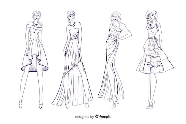 Fashion sketch collection with models