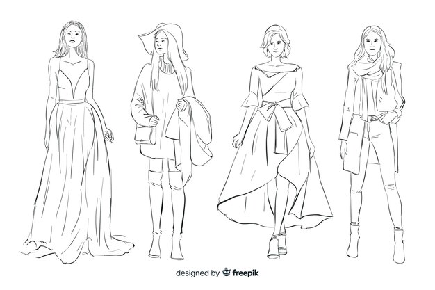 Fashion sketch collection with models