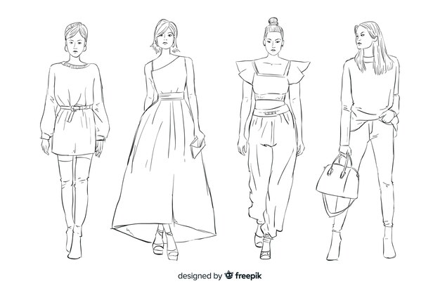 Fashion sketch collection with models