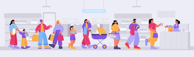 Free vector fashion store with people waiting in queue