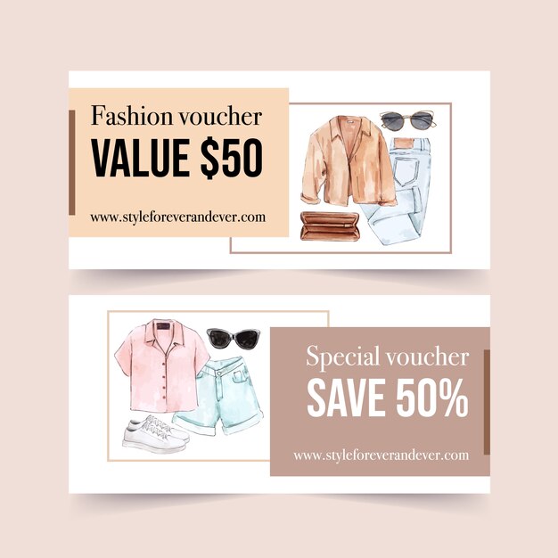 Fashion voucher design with coat, bag, jeans, sunglasses, shoes watercolor illustration.