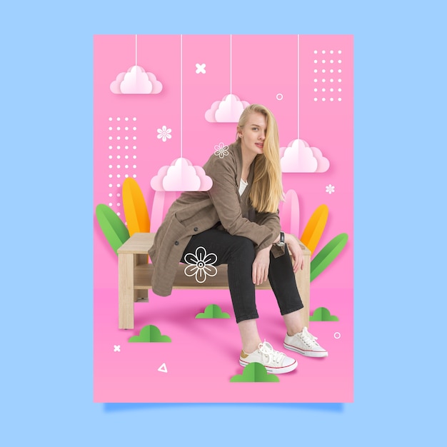 Free vector fashion woman sitting on a bench poster template