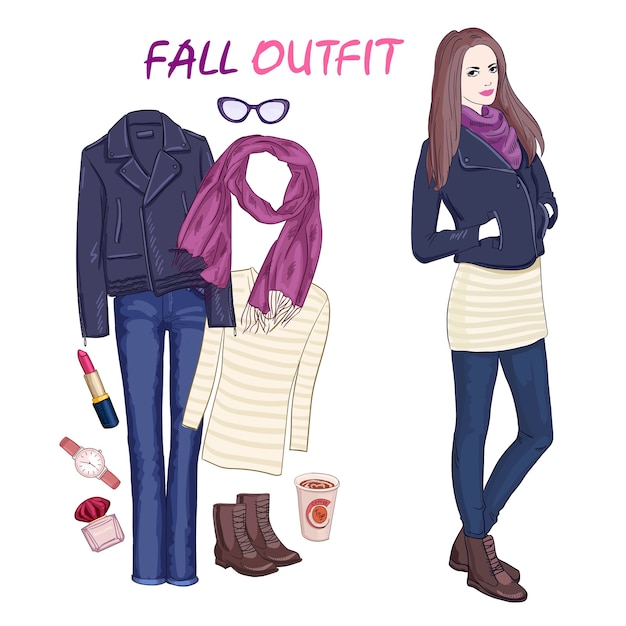 Free vector fashionable accessories and character woman set